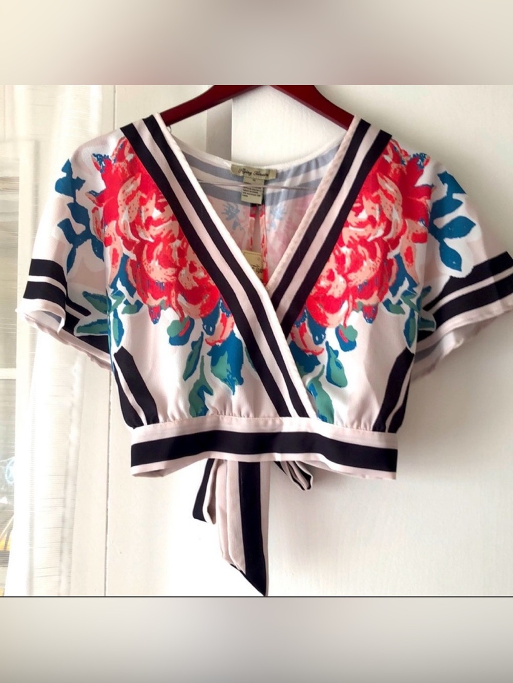 Flying Tomato Floral Crop Top w/ Float Sleeves, Cross Front, Back Tie - Size M
